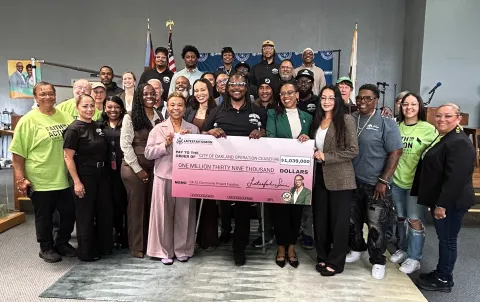 Congresswoman Simon, Mayor Lee, and Partners Standing with a Check for Operation Ceasefire-Lifeline